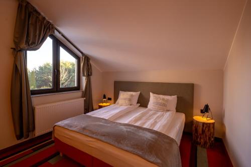 a bedroom with a large bed and a window at Hotel i Restauracja Czarny Kos in Borkowo