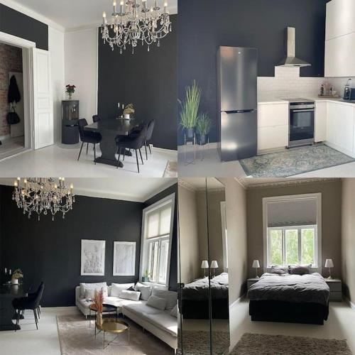 a collage of photos of a living room and a kitchen at Cozy room by Royal Palace in Oslo