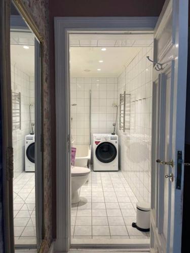 łazienka z pralką i toaletą w obiekcie Cozy room by Royal Palace w Oslo