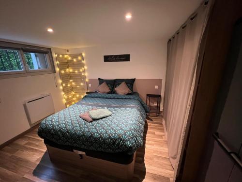 une chambre avec un grand lit dans une pièce dans l'établissement Le Camille charming with Garden 5 min CHU, à Poitiers
