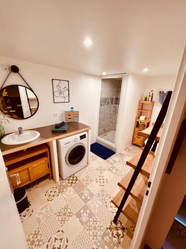 une salle de bain avec un lavabo et une machine à laver dans l'établissement Le Camille charming with Garden 5 min CHU, à Poitiers