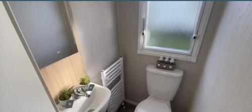濱海克拉克頓的住宿－Impeccable 3-Bed Caravan in Clacton-on-Sea，一间带卫生间、水槽和窗户的浴室