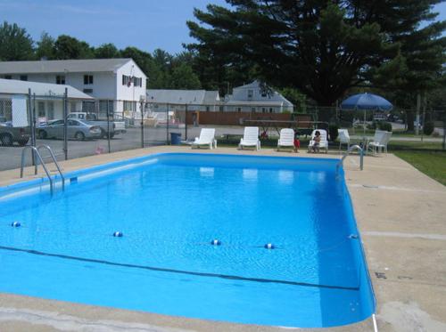 a large blue swimming pool with chairs and umbrellas at Knotty Pine Motel in Salisbury