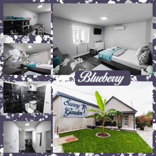 a collage of photos of a bedroom and a house at Sunny Garden Apartment in Bogács