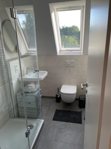 ein Bad mit einem WC, einem Waschbecken und einem Fenster in der Unterkunft WorkersHome in Ascheberg