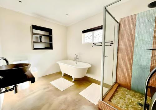 a bathroom with a tub and a sink and a bath tub at KZN Park View Guest House in Durban