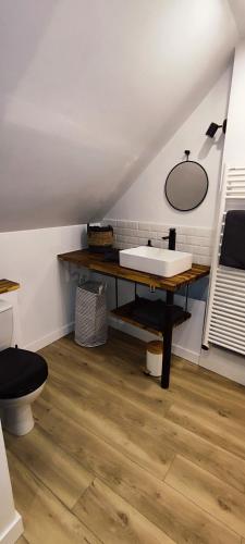 La salle de bains mansardée est pourvue d'un lavabo et de toilettes. dans l'établissement Le Petit Prieuré Langeais, à Langeais