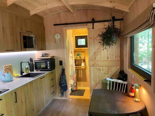 A cozinha ou cozinha compacta de Pipowagen de Pauw in de bossen van Belgisch Limburg nabij Maastricht
