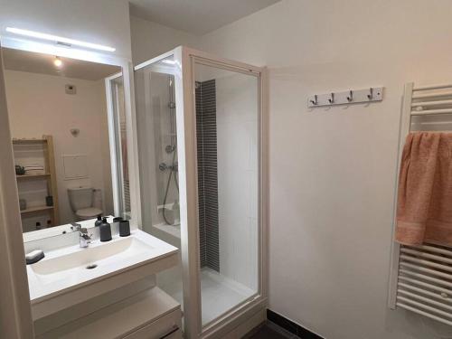 une salle de bain blanche avec un lavabo et une douche dans l'établissement T2 à 15mn stade de France Porte de Paris, à Épinay-sur-Seine