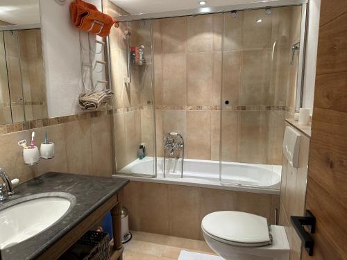 een badkamer met een bad, een toilet en een wastafel bij Apartment Palueda in Davos-Dorf in Davos