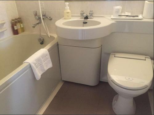a bathroom with a sink and a toilet and a tub at Hotel Lexton Kagoshima in Kagoshima