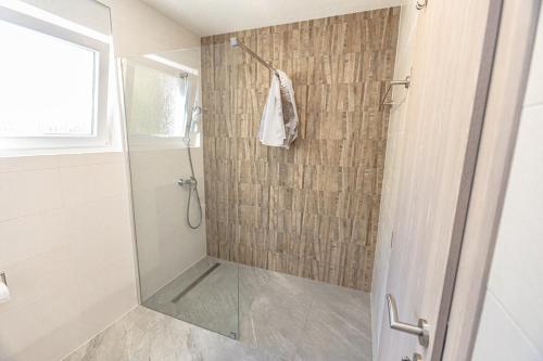 a shower with a glass door in a bathroom at House Aronija with Swimming Pool in Grude
