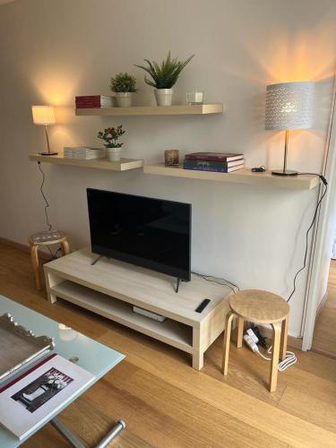 un salon avec une télévision à écran plat sur une table dans l'établissement The Parisian Dream, à Paris