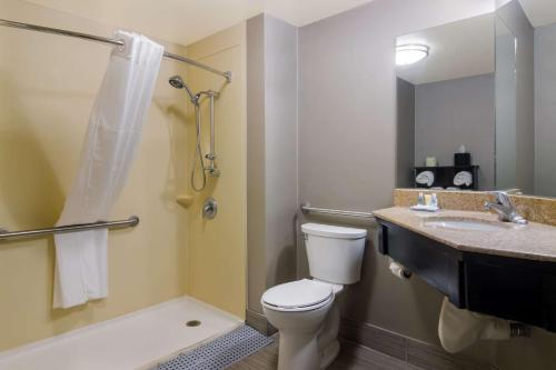 a bathroom with a toilet and a sink and a shower at Comfort Inn in Cadillac