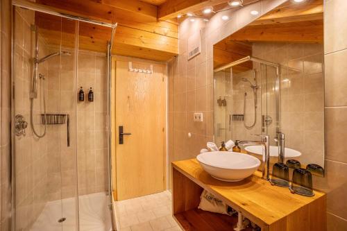 y baño con lavabo y ducha. en Mountain Residence Kasern Nr 3, en Predoi