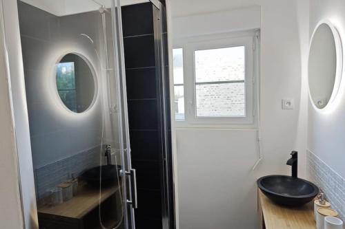 La salle de bains est pourvue d'une douche et d'un lavabo noir. dans l'établissement Perle Berckoise - studio - 250m de la plage - 1er étage, à Berck-sur-Mer