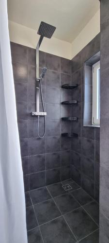 La salle de bains est pourvue d'une douche avec un pommeau de douche. dans l'établissement Zweibettzimmer "Grau" in zentraler Lage, à Brême