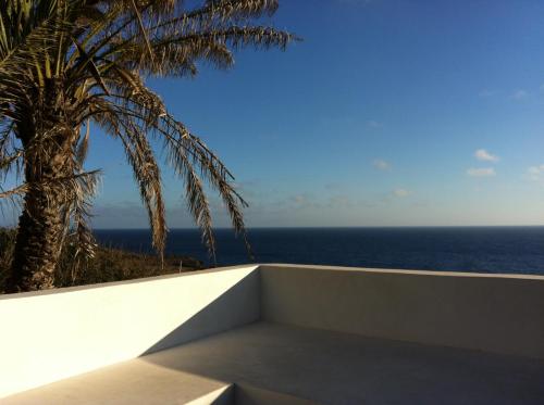 uma vista para o oceano a partir de um resort com uma palmeira em RADYSHAMS DAMMUSI LE PALME & BAIT em Pantelleria