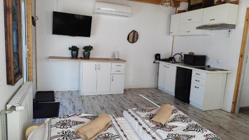 een keuken met 2 bedden in een kamer bij U Bieńka in Biały Dunajec