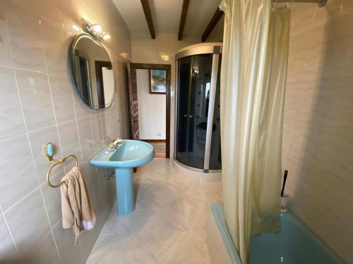 ein Badezimmer mit einem blauen Waschbecken und einer Dusche in der Unterkunft Apartamentos La Portilla in El Tejo