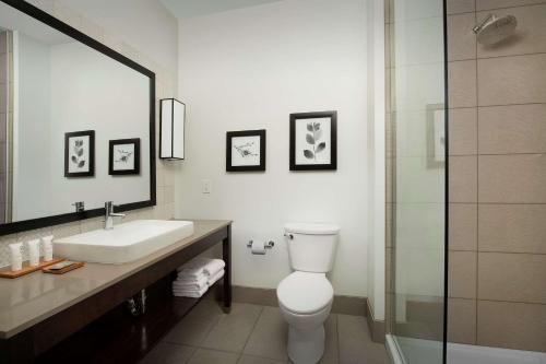 a bathroom with a toilet and a sink and a shower at Country Inn & Suites by Radisson, Seattle-Tacoma International Airport, WA in SeaTac