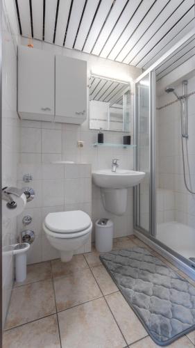 a bathroom with a toilet and a sink and a shower at Gemütliches 2Zi App 4P 200m z Ostsee inkl Parkplatz in Kellenhusen
