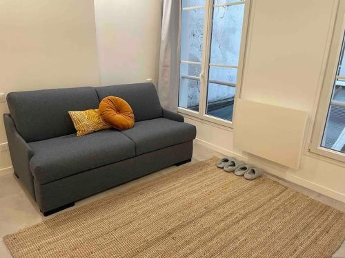 - un canapé gris avec deux oreillers dans le salon dans l'établissement Cozy Studio In The Heart Of Paris, à Paris