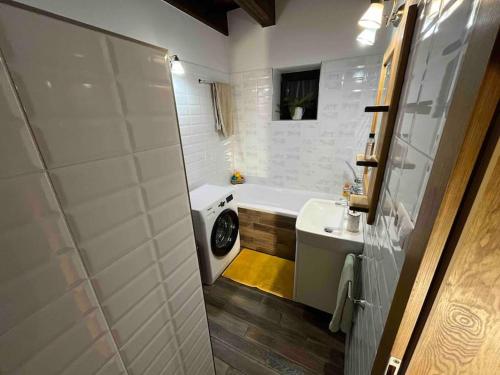 a bathroom with a tub and a sink and a toilet at Chalupa pod hradom Branč in Podbranč