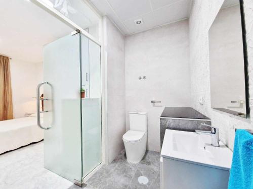W łazience znajduje się toaleta, umywalka i prysznic. w obiekcie Alojamientos Fenix w Murcji