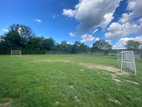 a soccer field with a goal in the grass at Skyline Appartement mit Pool and Netflix in Kronberg im Taunus