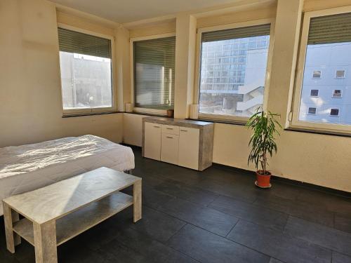 a bedroom with a bed and a table and windows at Betty Zimmer in Heilbronn Zentrum in Heilbronn