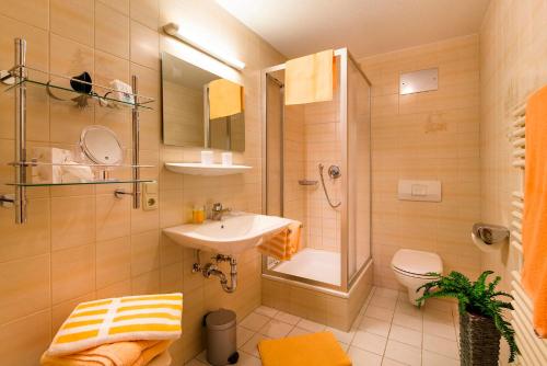 a bathroom with a shower toilet and a sink at Landhaus Bachtelmühle in Bolsterlang