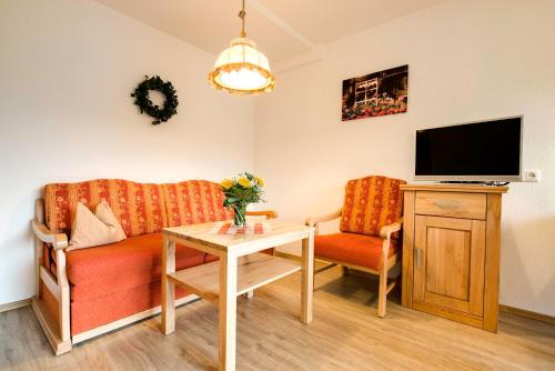 a living room with a couch and a tv at Landhaus Bachtelmühle in Bolsterlang
