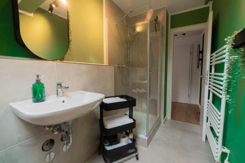a bathroom with a sink and a shower at Rooftop Suite Essen Central-Fair-HBF-Uniklinik-Balcony-Walk-In Shower-Coffee station-WiFi-Workspace in Essen