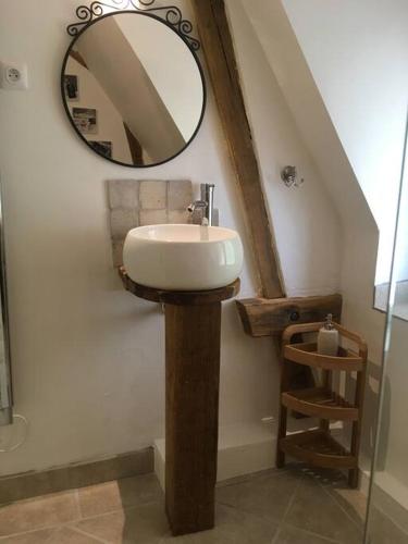 une salle de bain avec un lavabo et un miroir au mur dans l'établissement Peace In France boutique Gite, à Baneuil