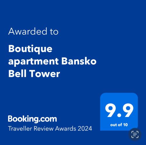 a blue sign with the text awarded to boutique apartment banzai bell tower at Boutique apartment Bansko Bell Tower in Bansko