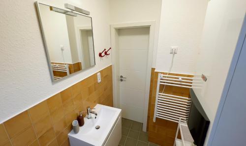 uma casa de banho com um lavatório e um espelho em Big flat with fresh renovation, free parking, SonyPS, Netflix em Duisburg