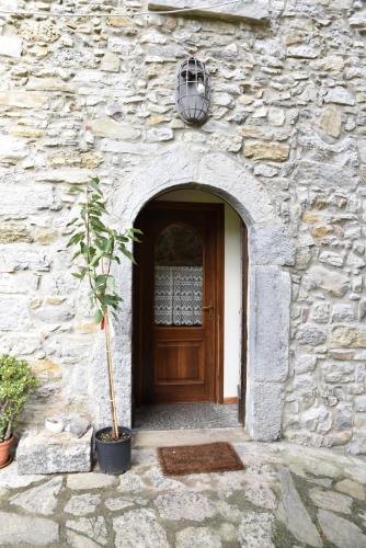 a stone building with a wooden door and a plant at Agriturismo Grabbia in Grumo