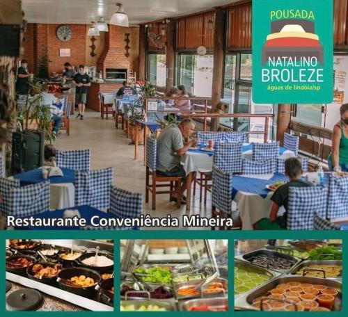 uma colagem de fotos de um restaurante com comida em Pousada Natalino Broleze em Águas de Lindoia