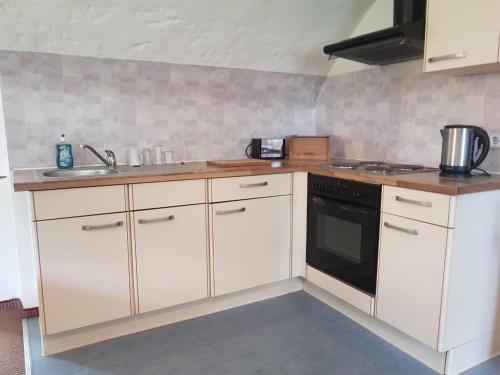 a kitchen with white cabinets and a black stove top oven at Ferienwohnung Ottmanach Schlosshof in Pischeldorf