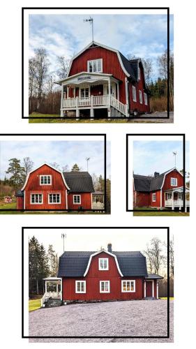 four different pictures of a red barn at Charming Swedish Cottage from 1909 in Markaryd