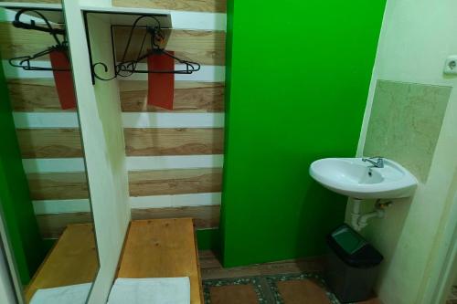 a bathroom with a green wall and a sink at Adisa Homestay in Rampal