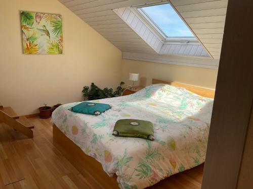 a bedroom with a large bed with a skylight at Comfortable house with terrace close to Vevey and lake Geneva in Attalens