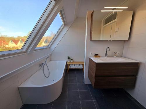 Natuurvilla De Heerlickheyt في Hoogersmilde: حمام مع حوض ومغسلة ونافذة