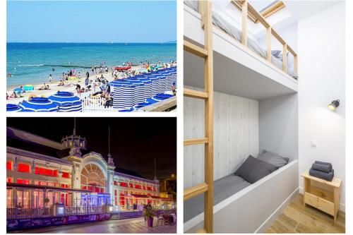 a collage of photos of a beach and a building at Joyful tiny house seaside in Cabourg