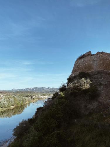 a view of a river with a bridge in the background at Casa Cardona in Móra d'Ebre