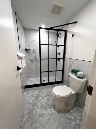a white bathroom with a toilet and a shower at The Phenix DTWN Historic Hotel, Room # 308 in Bangor