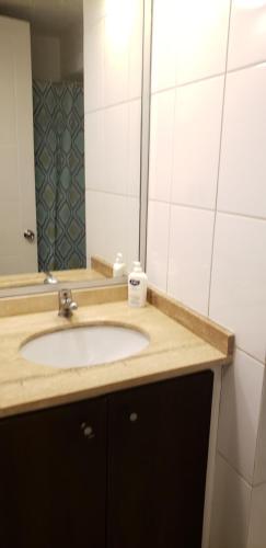 a bathroom counter with a sink and a mirror at Cómodo dpto centro de Santiago hasta 3 personas in Santiago