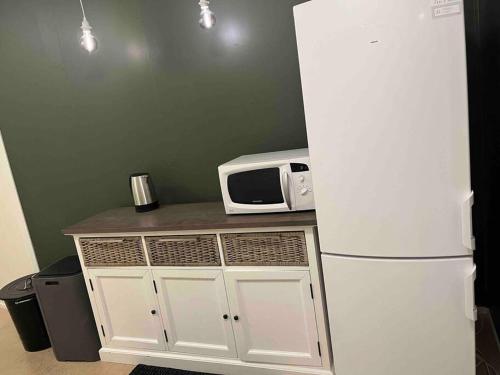 a kitchen with a white refrigerator and a microwave at Cozy miniroom A in Åmot