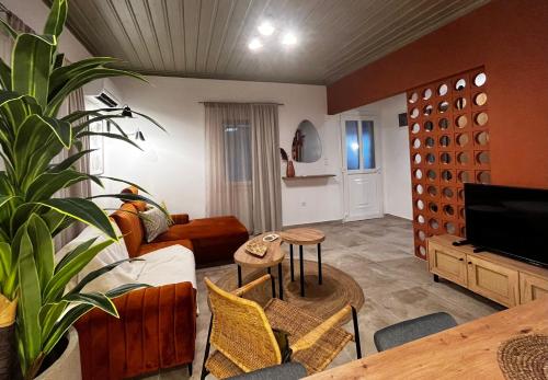 - un salon avec un canapé et une télévision dans l'établissement Skapin house, à Skopelos